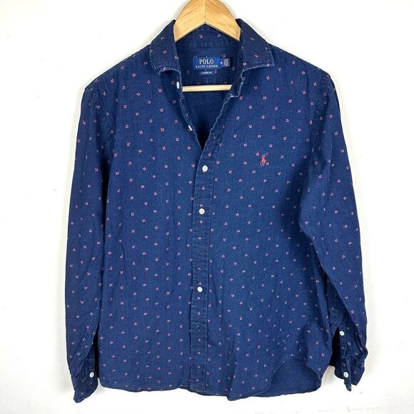 Polo Ralph Lauren Patterned Navy Blue Button Up Shirt Men’s M - Picture 1 of 9